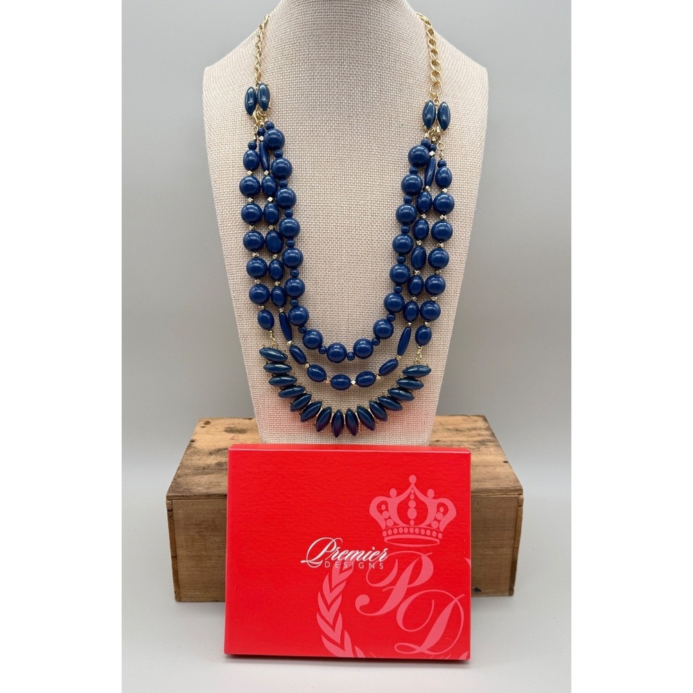 Premier Designs Navy Blue Beaded Statement Necklace Triple Strand Gold Tone